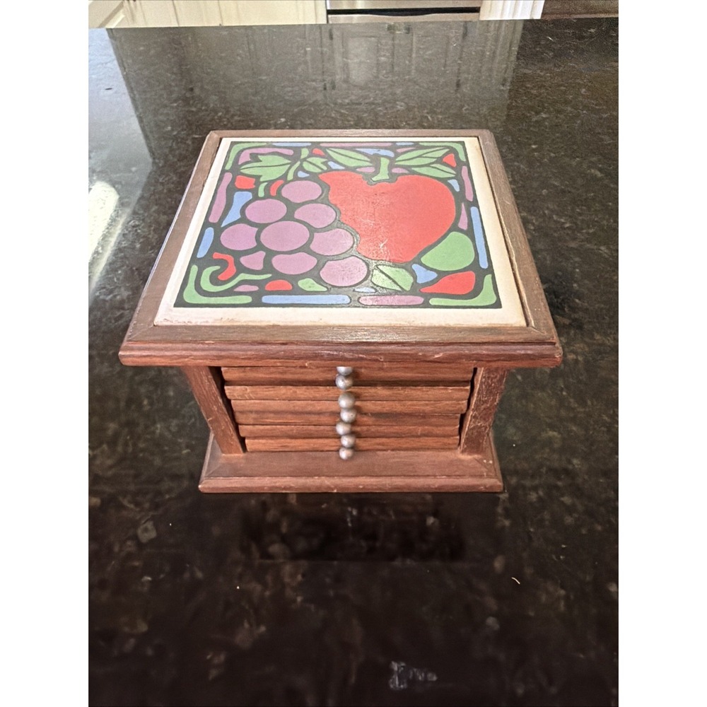 Vintage Mid Century Wood Cork Coasters Set of 8 Wooden Box Apple Grapes Top